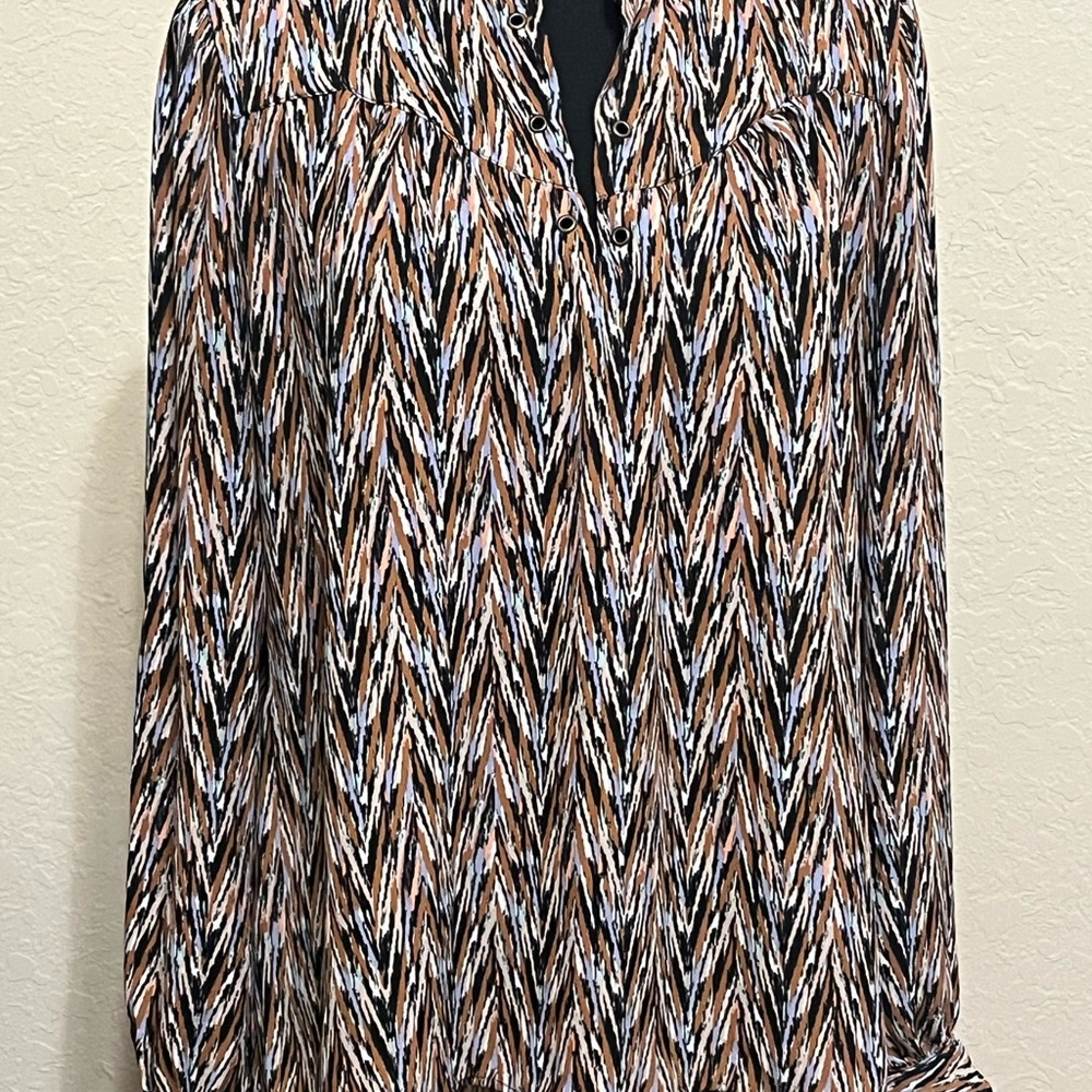 Xhilaration Brown Tan Graphic Blouse with Mandarin Collar